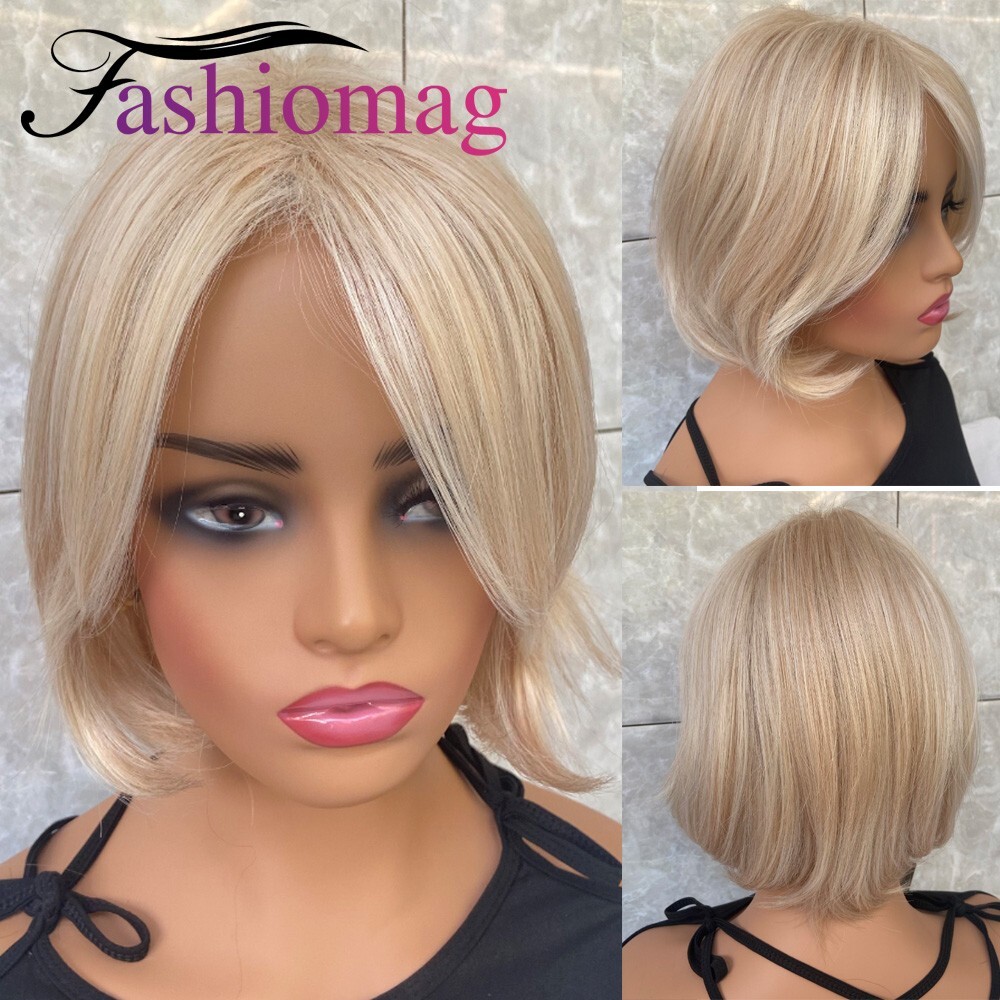 Short Natural Blonde Mix 100% Human Hair Blend Heat Ok Wigs Women Soft