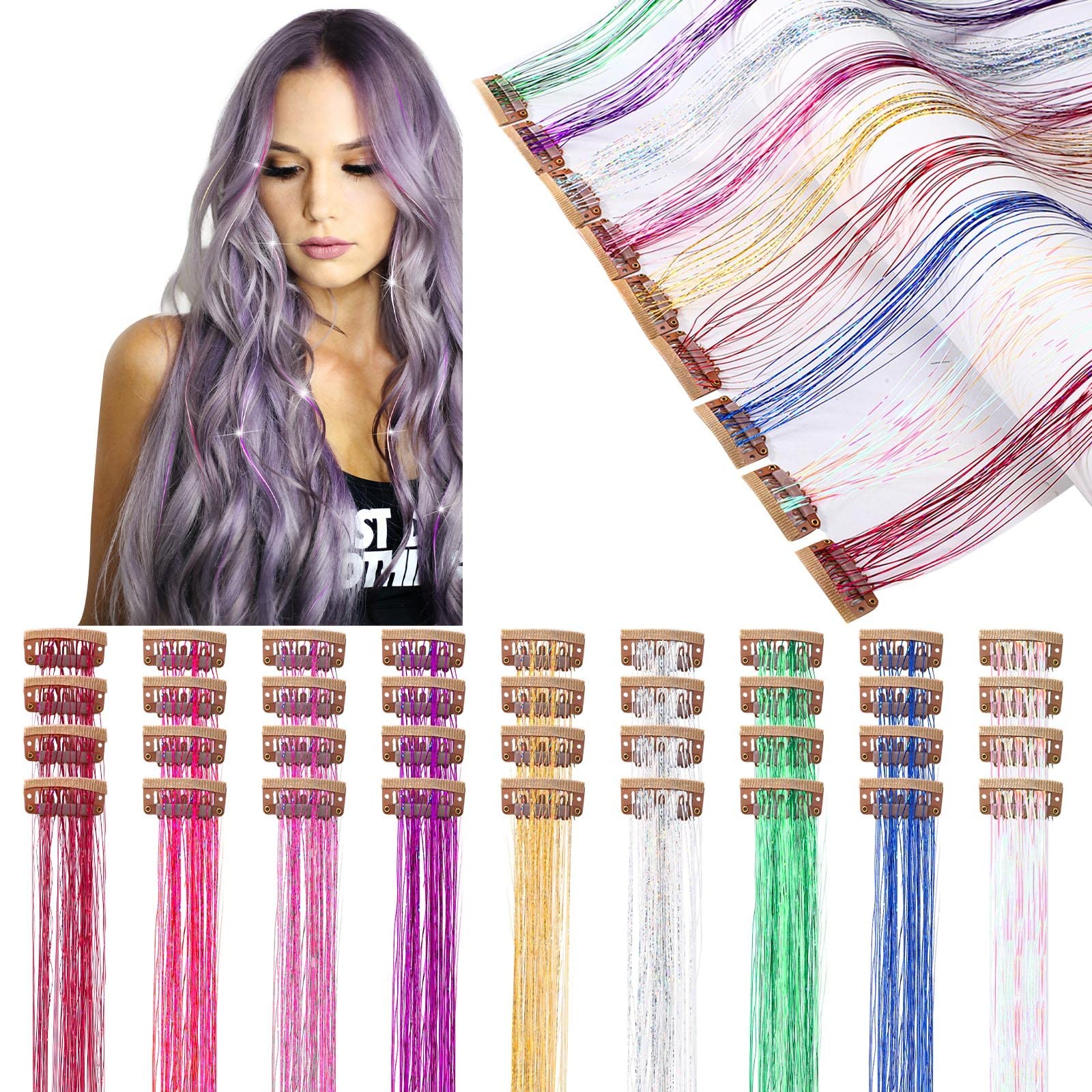 36 Pcs 19.6 Inch Clip in Hair Tinsel Kit Clips on Glitter Tinsel Extensions H…