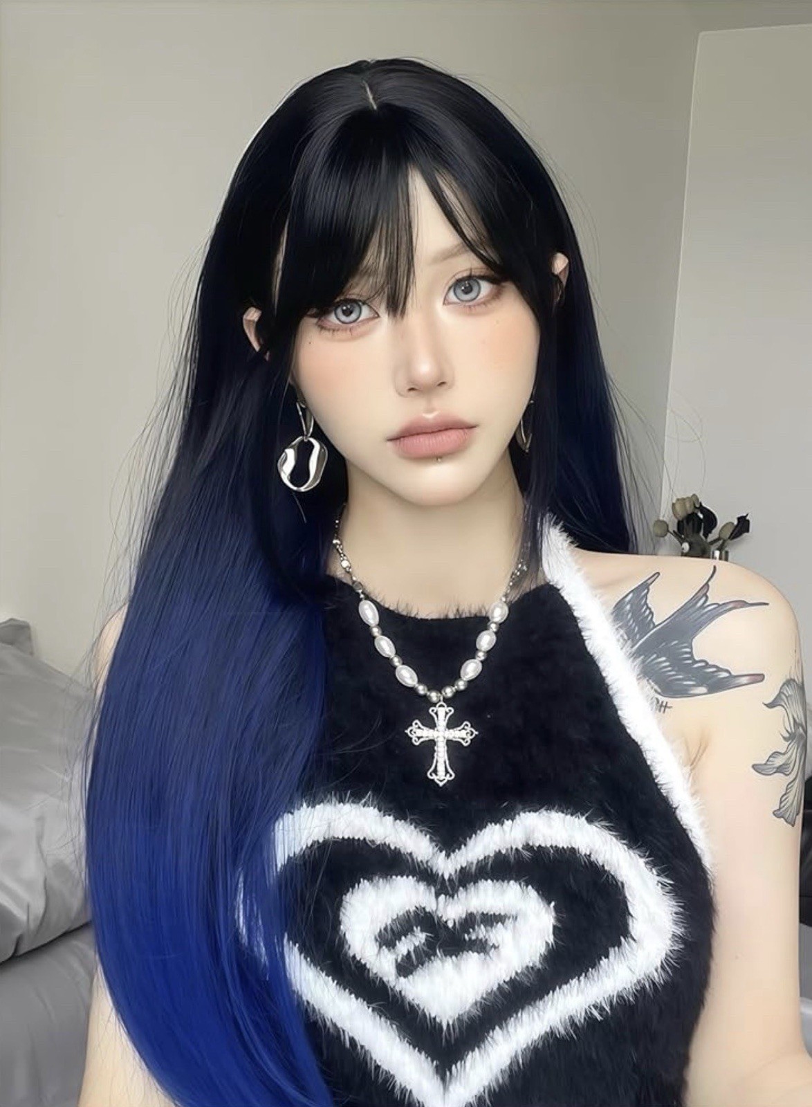 Cos Wig Ombré Blue Black Matte Straight Heat Resist Realistic Scalp + Cap Bangs