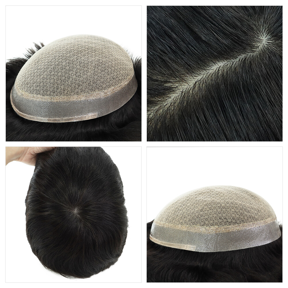 Mens Toupee Human Hair System Diamond Net Injection Skin Straight Hair Pieces#NC