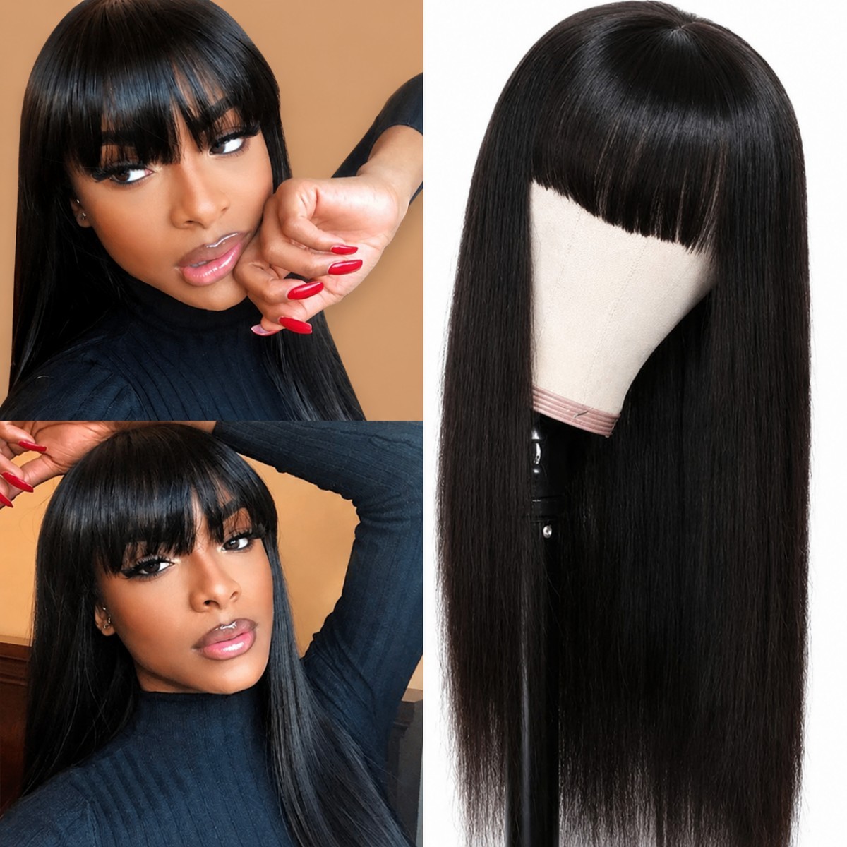 Black Long Straight Cosplay Party Wig With Fringe Synthetic Hair Soft