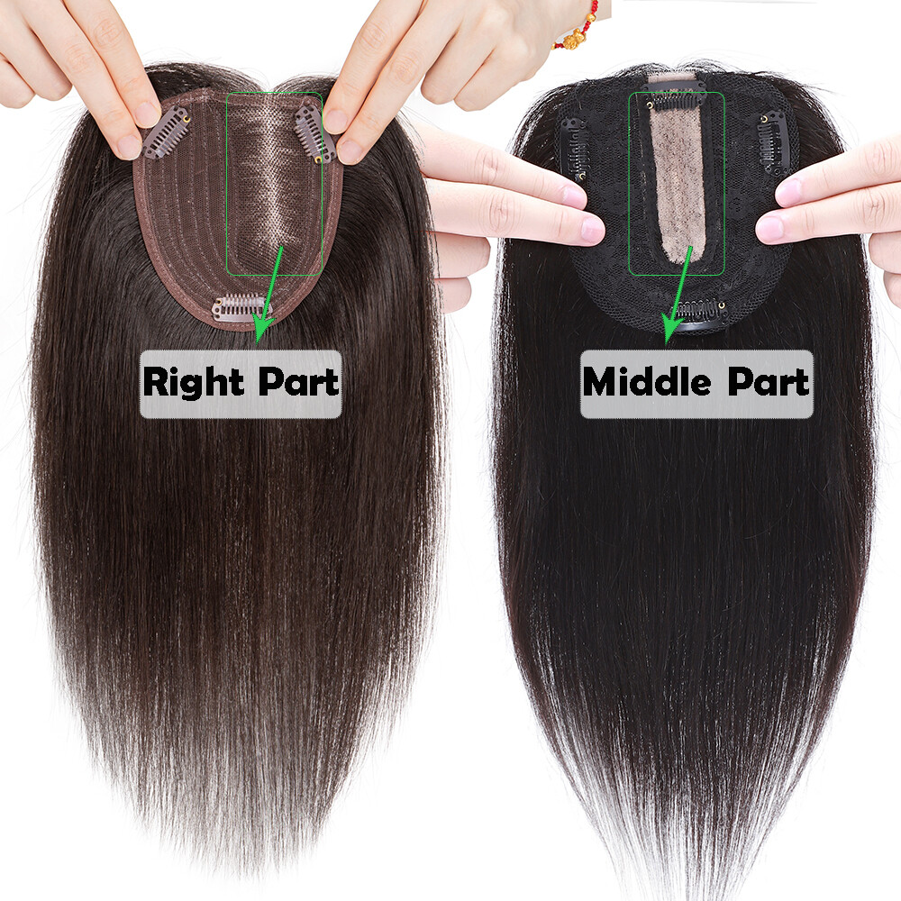 Silk Base 100%Human Hair Topper Clip in Hairpiece Wig Toupee Top Piece Side Part