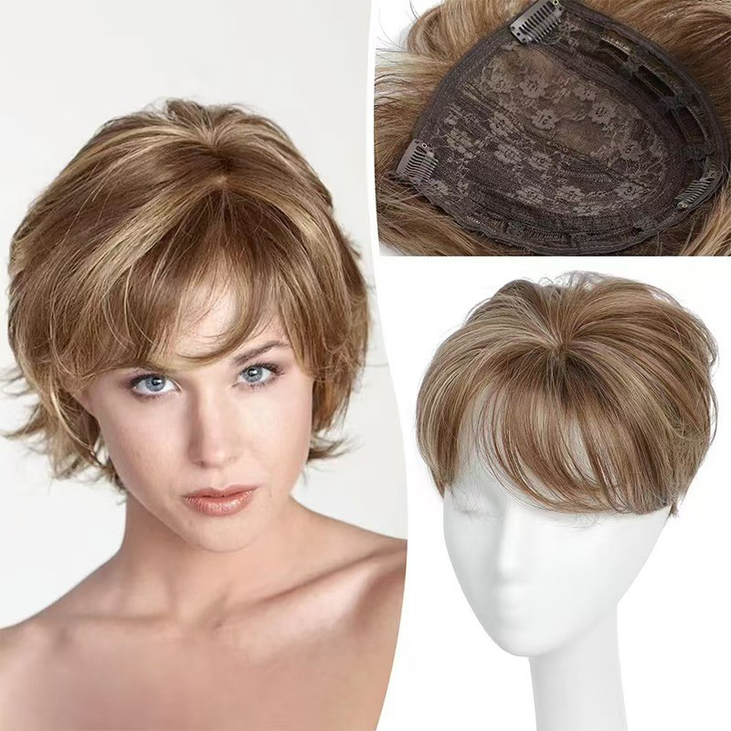Women Synthetic Hair Topper Short Curly Wiglet Clip In Crown Gray Black New