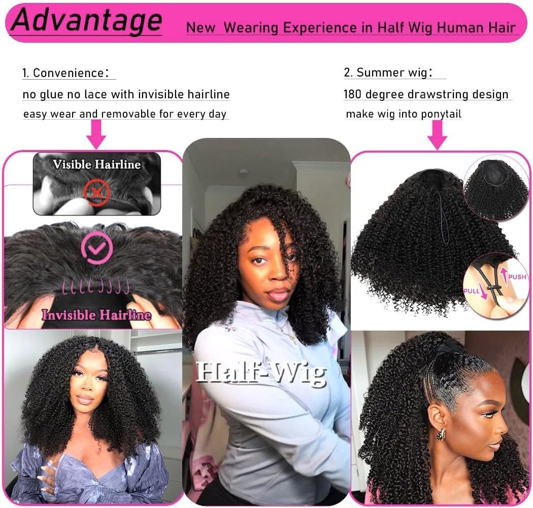 Half Wig Human Hair Kinky Curly 3 In 1 Seamless Flip Over Glueless WigHuman Hair