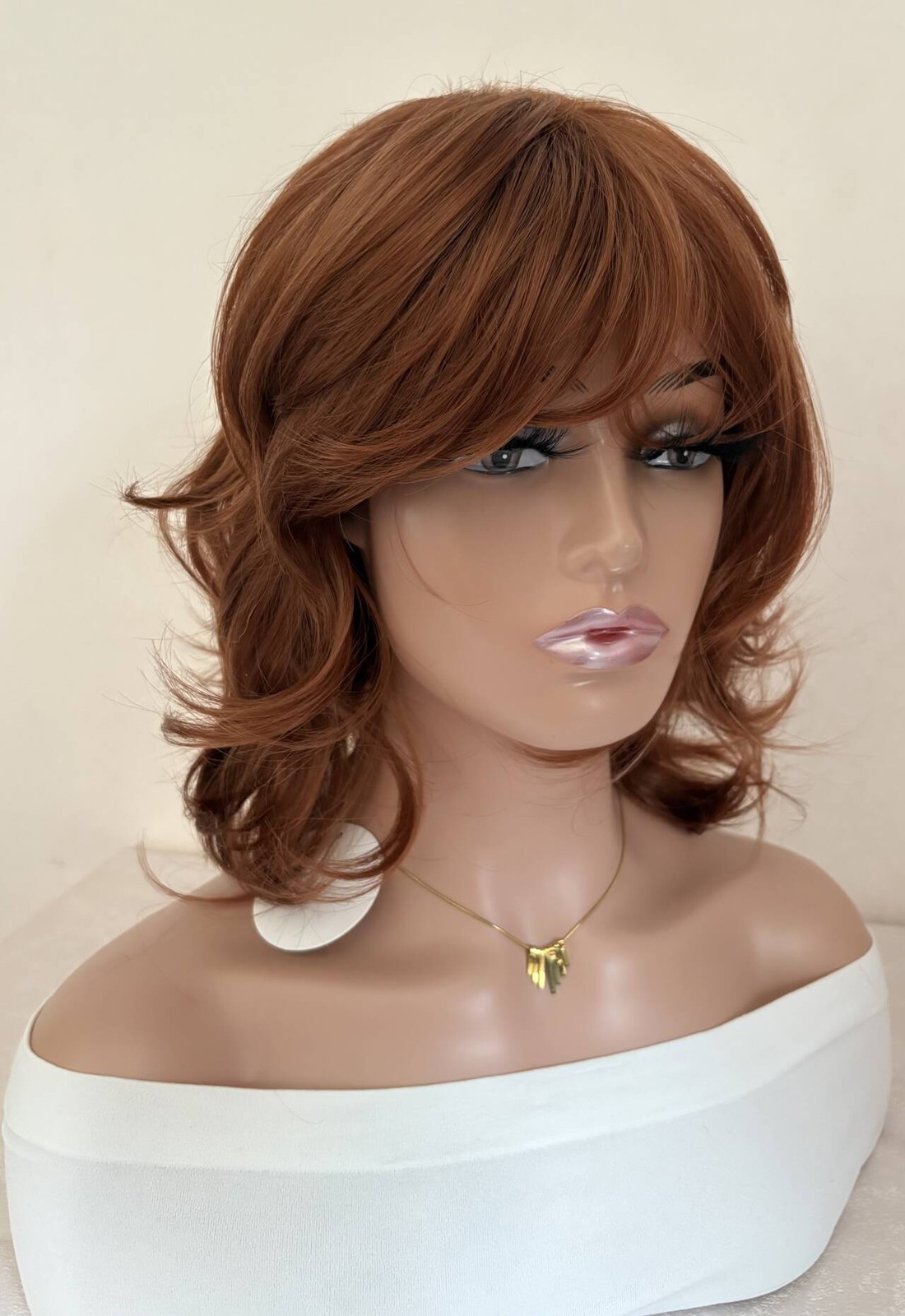 Mid Length Shag Capless Wavy Layered Synthetic Hair Wigs Women Natural Auburn