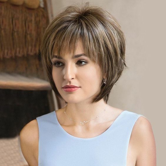 Short Dark Brown Mixed Blonde Highlight Pixie Cut Wigs with Bangs Synthetic Wigs