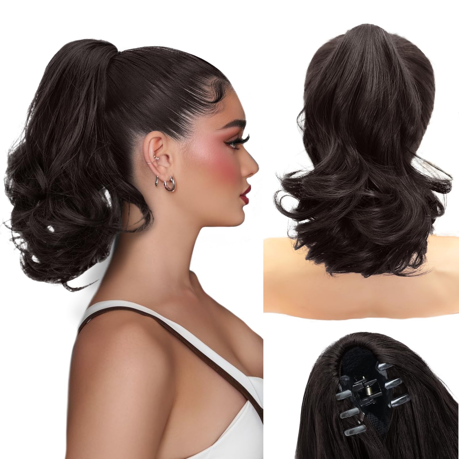 Claw Clip Ponytail Extension 12″ Black Brown 95g Short Wavy – Easy Clip In