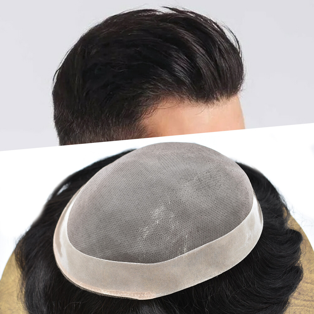 Mens Hairpiece Fine Mono Mens Toupee Poly Skin Hair System Pu Replacement Wig