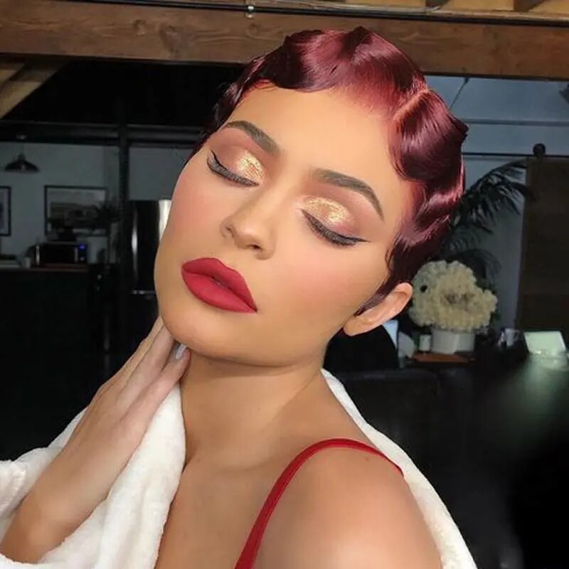 Black Finger Wave Pixie Cut Wig Human Hair Wigs Short Vintage Ombre None Lace