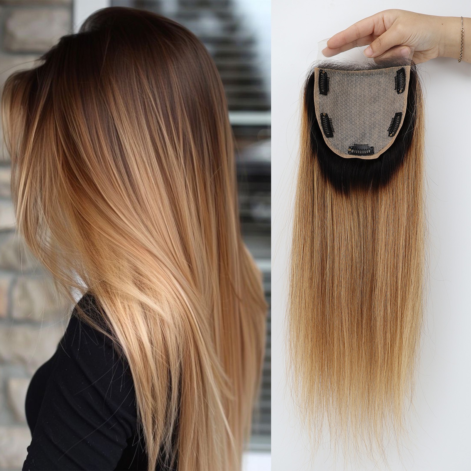 Ombre Blonde Silk Base Real Human Hair Topper Remy Hair Lace Closure For Woman