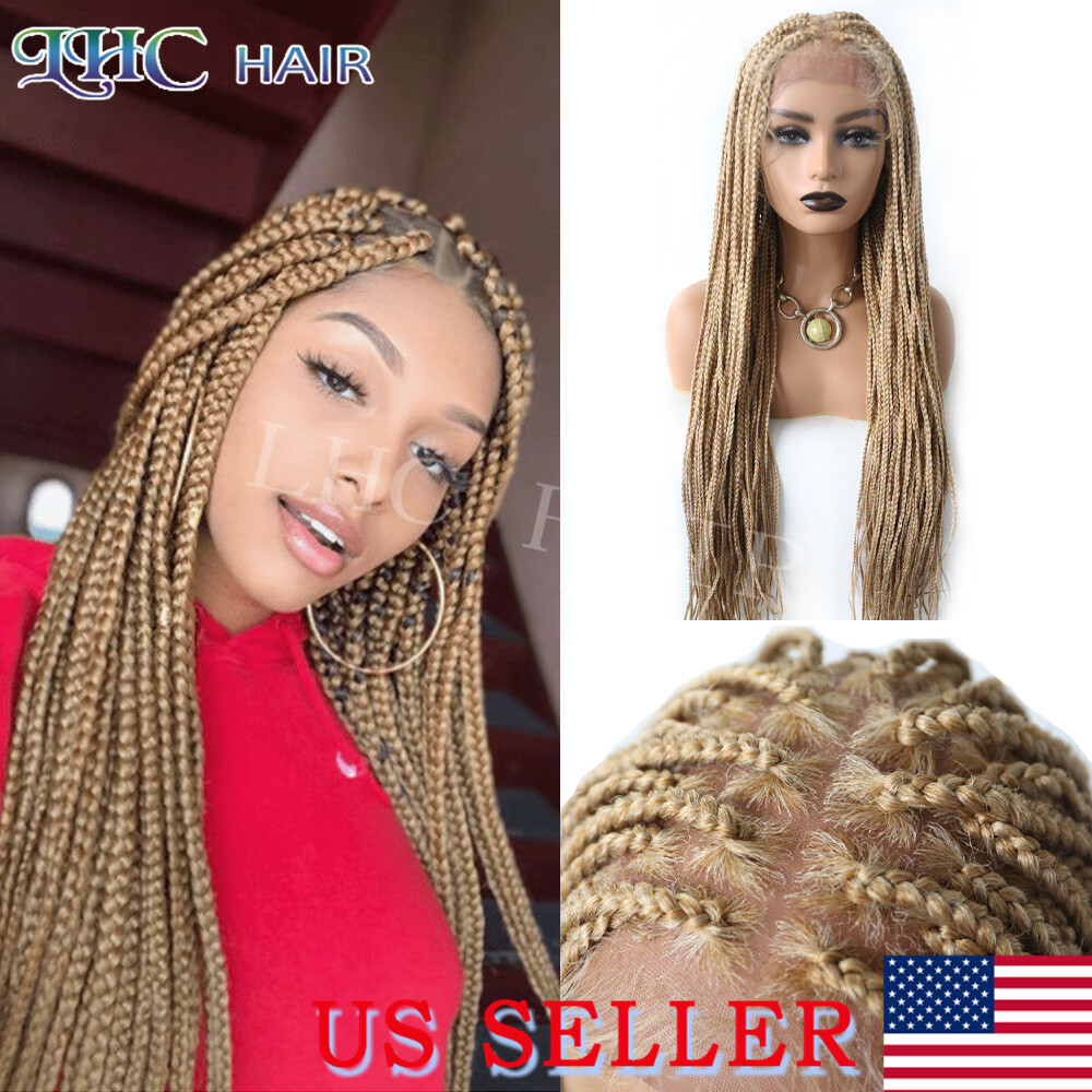 34″ Long Box Braided Wigs For Women Synthetic Lace Front Baby Hair Glueless Wig