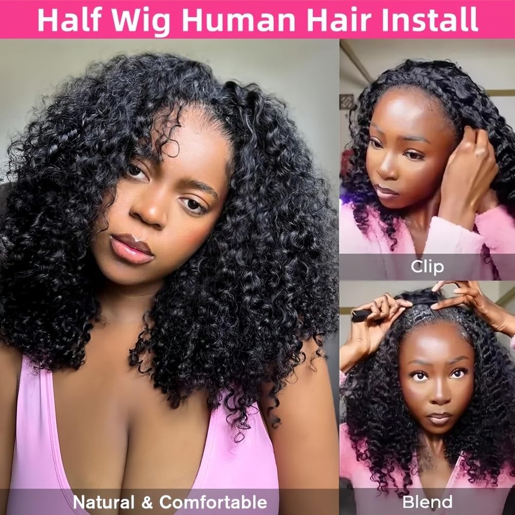 Curly Half Wig Human Hair 200 Density, Beginner-Friendly, Glueless 18″ Kinky Cur