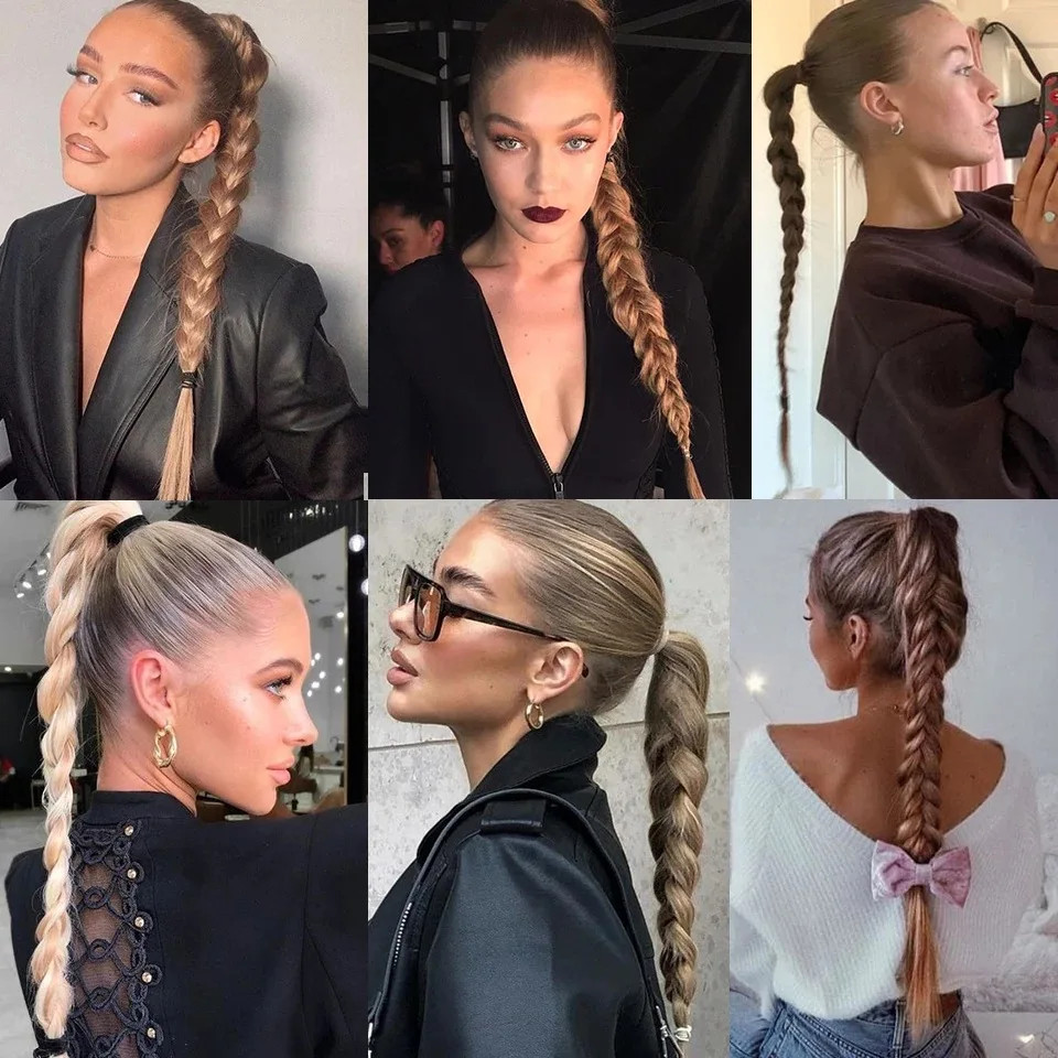 26 Inch Ombre Black Brown Grey Synthetic Boxing Braids Ponytail Extensions Wrap