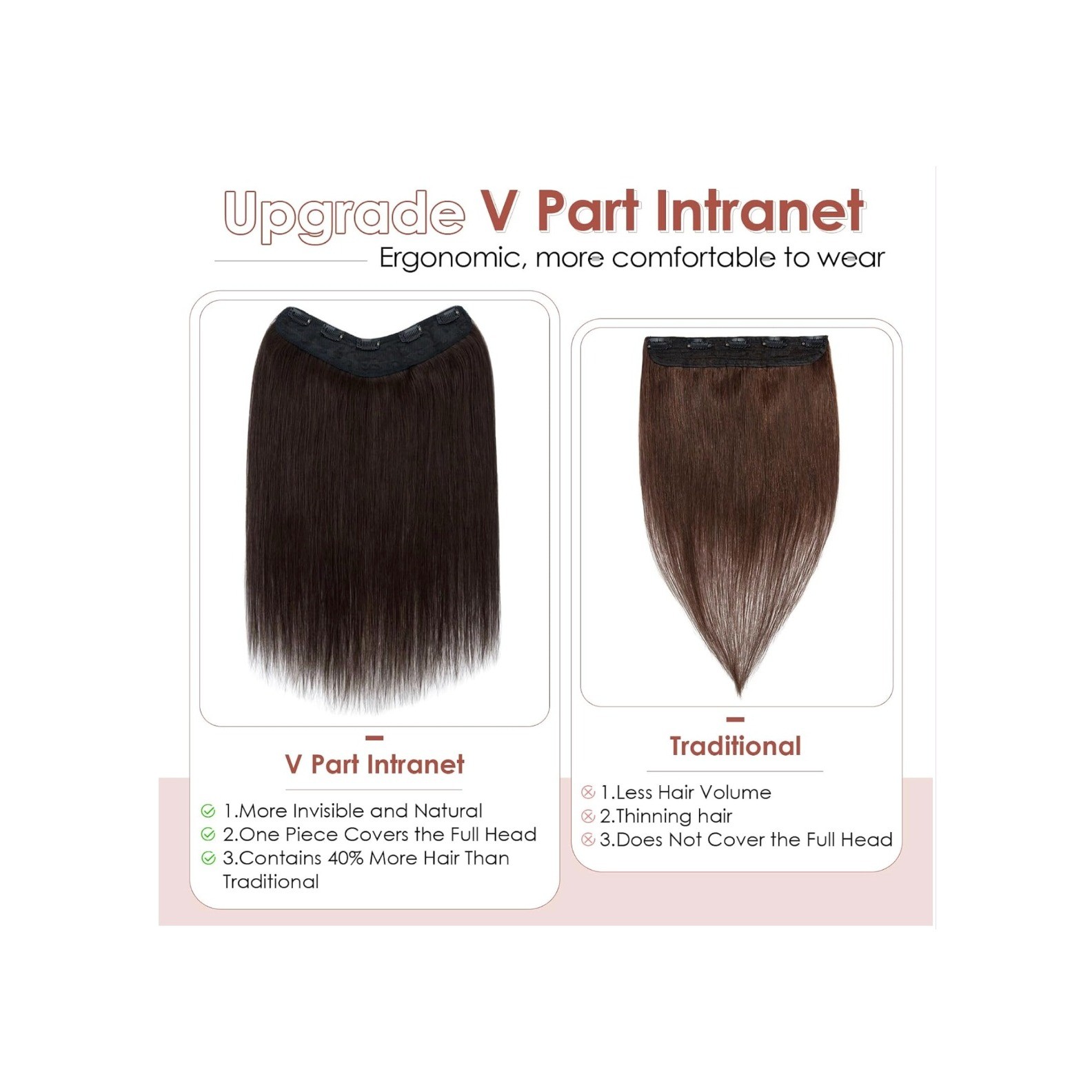 Benehair 16″ Human Hair Extensions Clip In One Piece V-Shape 65g #4P27 Brown Mix