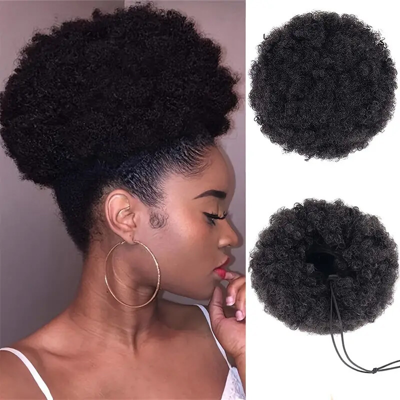 Human Hair Clip in piece Afro Puff Drawstring Ponytai Bun Scrunchie Updo Chignon