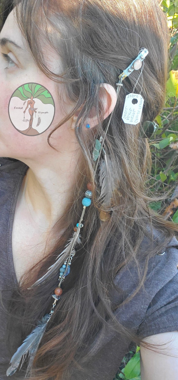 Boho Hair Extension Barette Clip-on Feather Leather Blue Silver