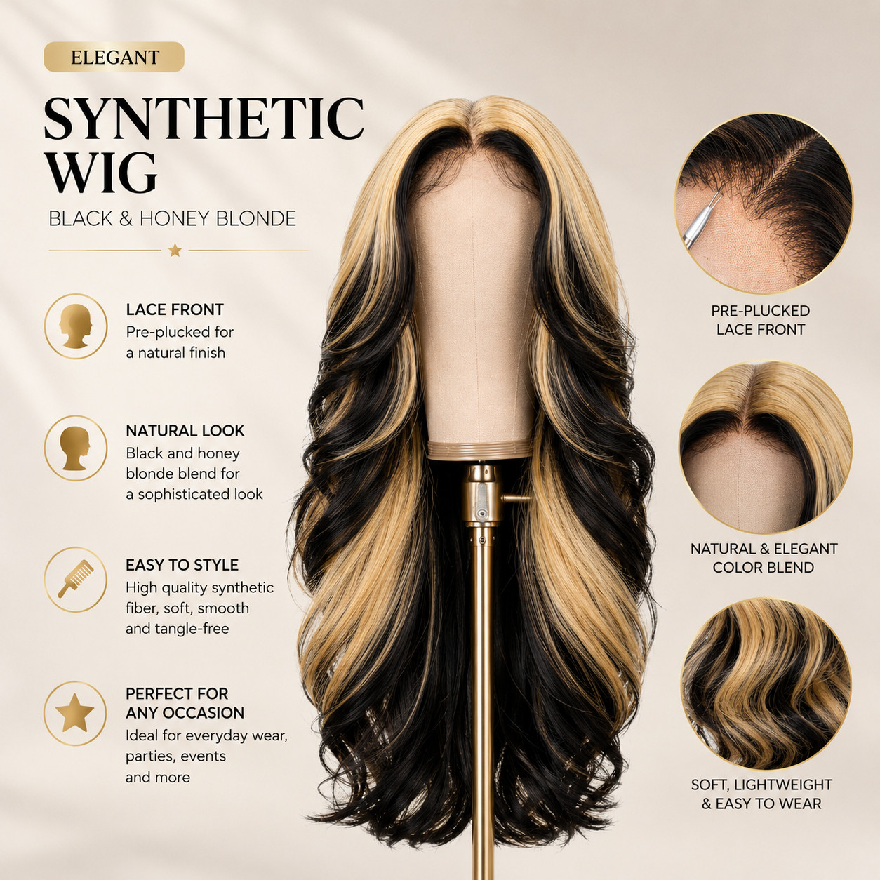 Black Honey Blonde Lace Front Wig Long Wavy Synthetic Hair Pre Plucked