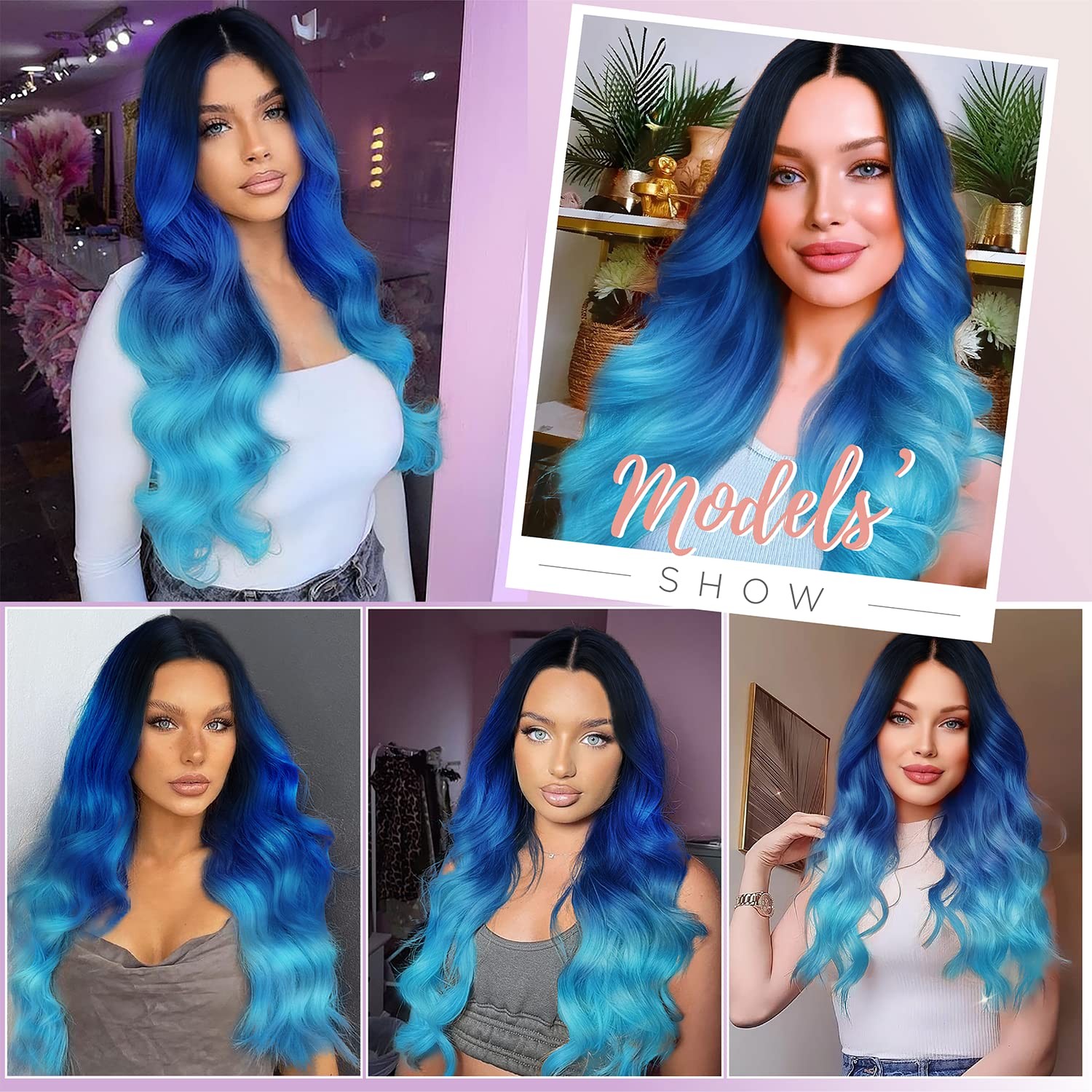 Long Blue Wavy Wigs for Women Ombre Blue Body Wave Mermaid Hair Wigs Long Cur…