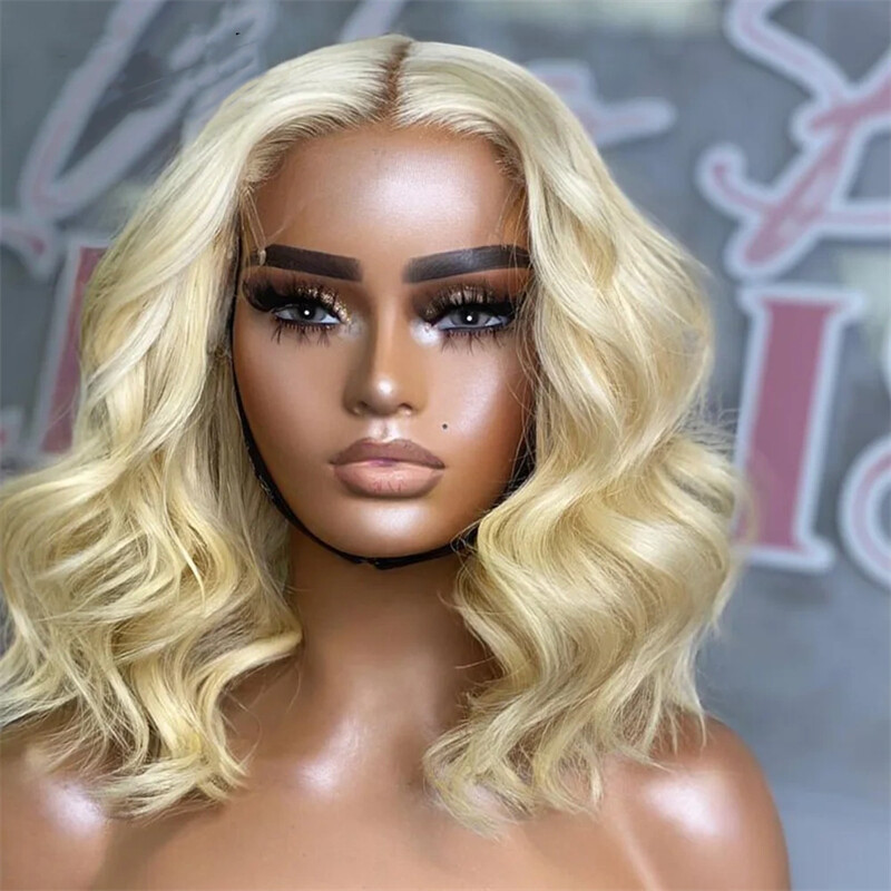 613 Blonde Short Wave Bob Wigs Human Hair 13×4 Lace Frontal Wig 200% Density