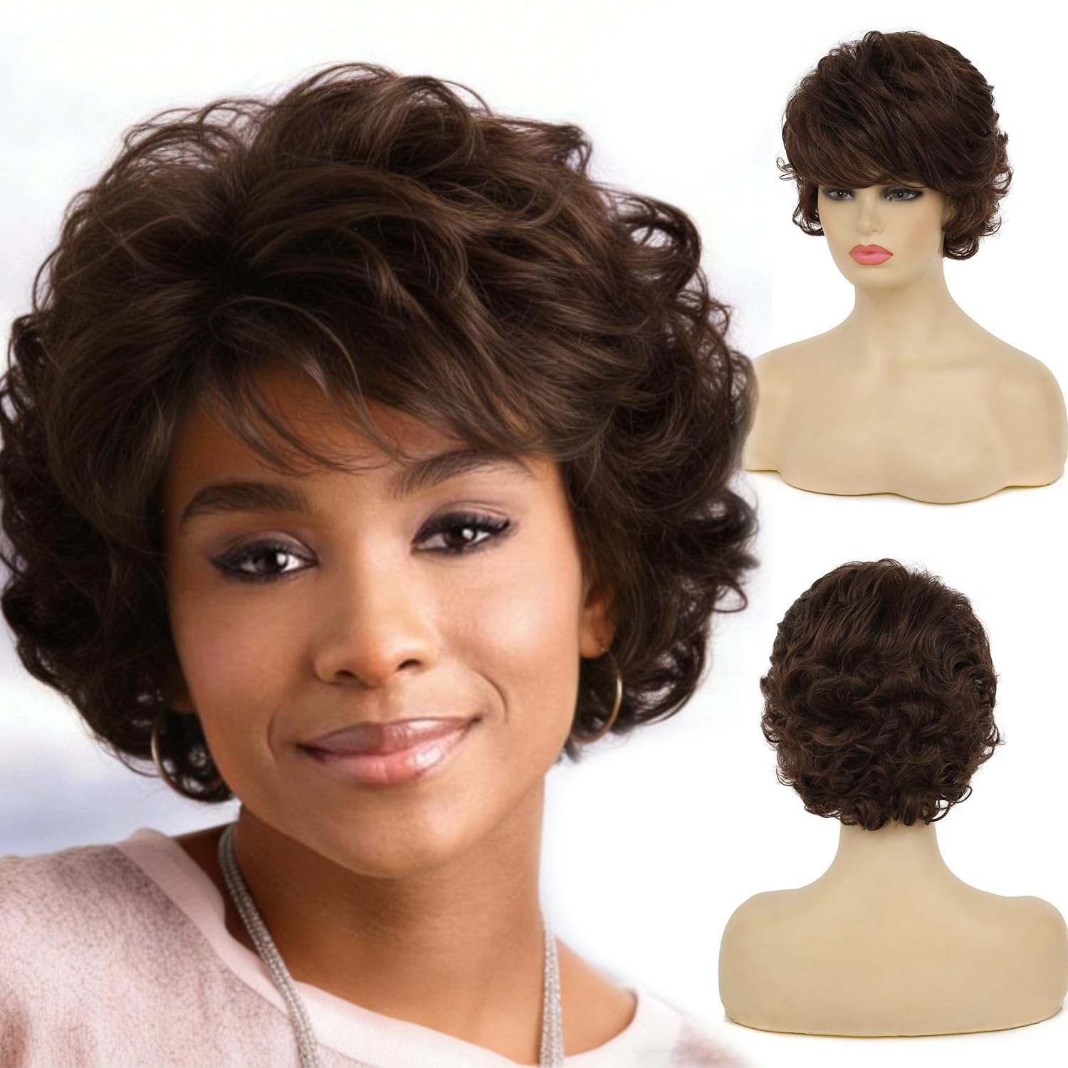 Sallcks Short Curly Brown Wig For Women Soft Synthetic Heat Resistant Hair