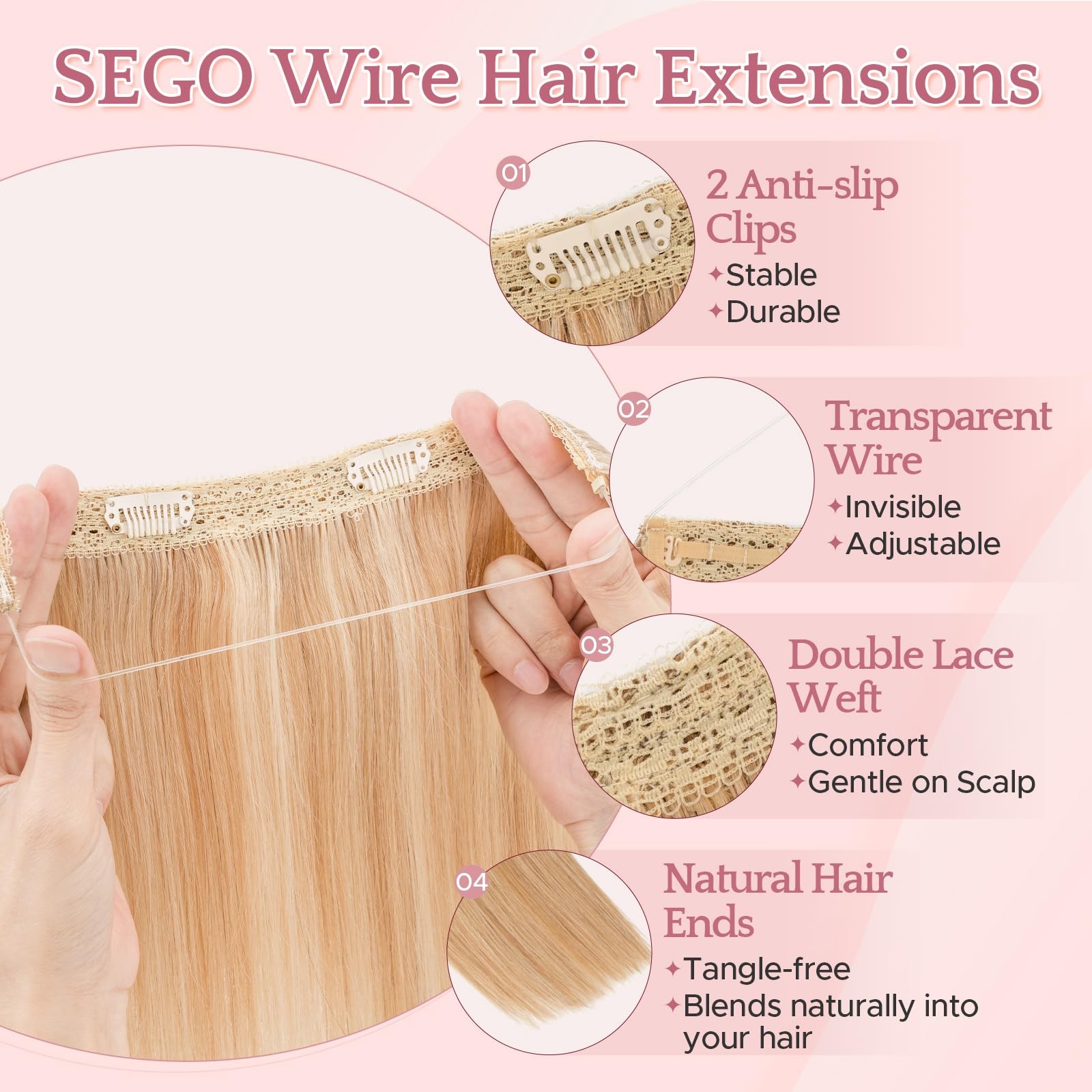 Sego Halo Hair Extensions Adjustable Invisible Wire Extensions Real Human Hair