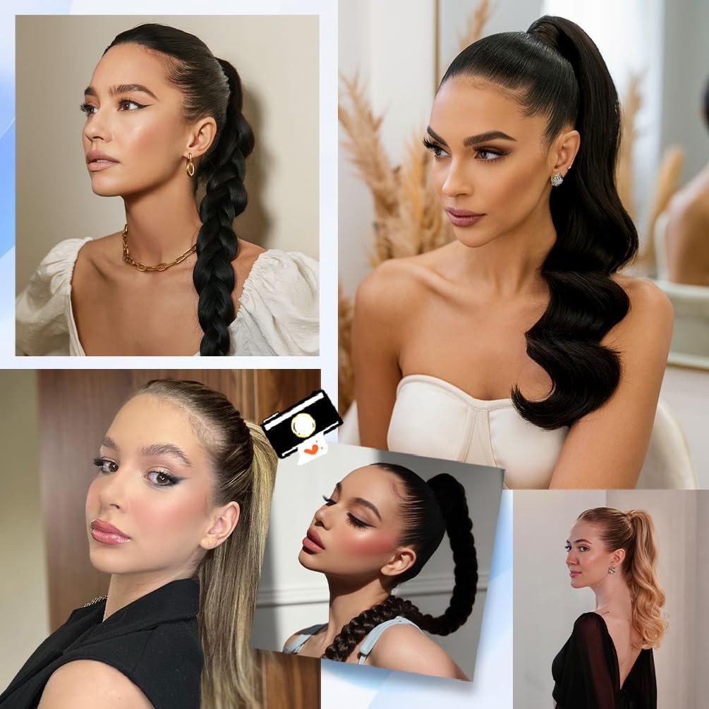 Winsky 18 Inch Human Hair Ponytail 80G Long Wrap Around Ponytail Jet Black Real