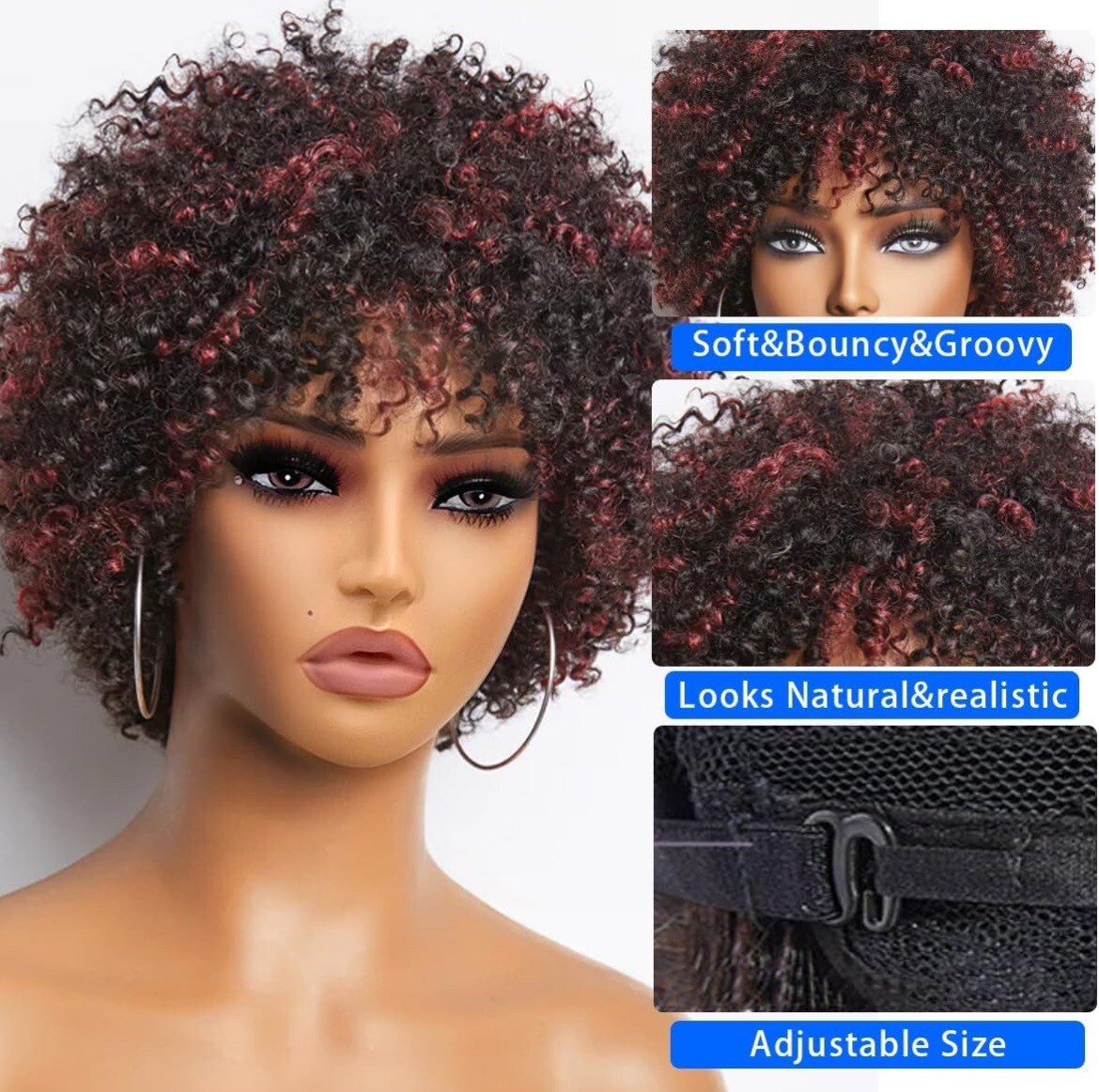 Fluffy Burgundy Curly Wig Highlight Afro Curls Wigs Human Hair