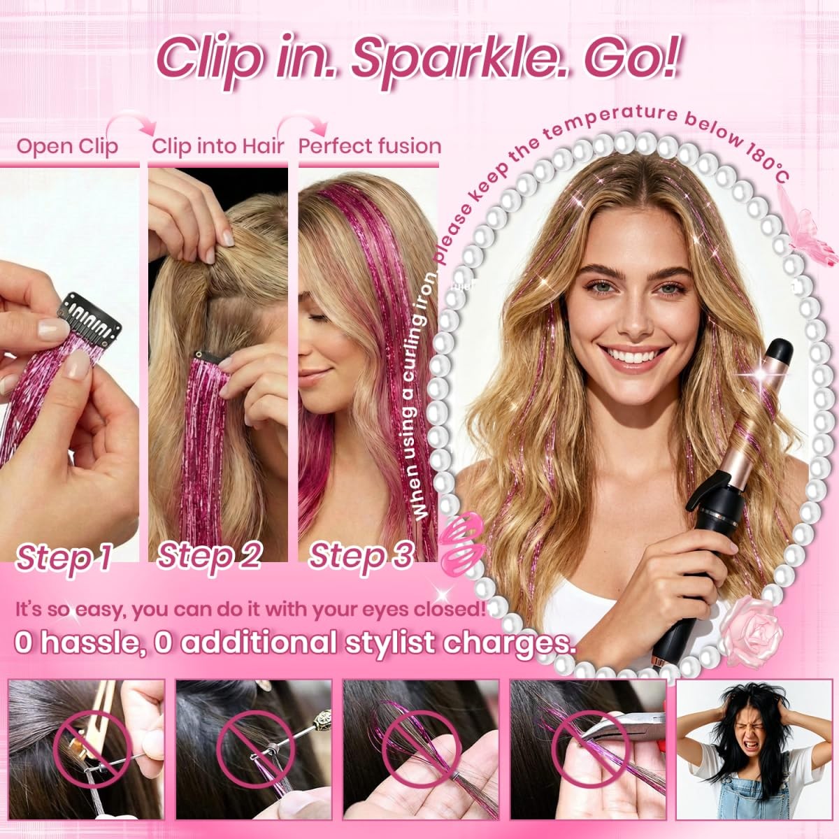 Clip in Hair Tinsel, 14 Pcs Colorful Glitter Hair Accessories for Women Girls…