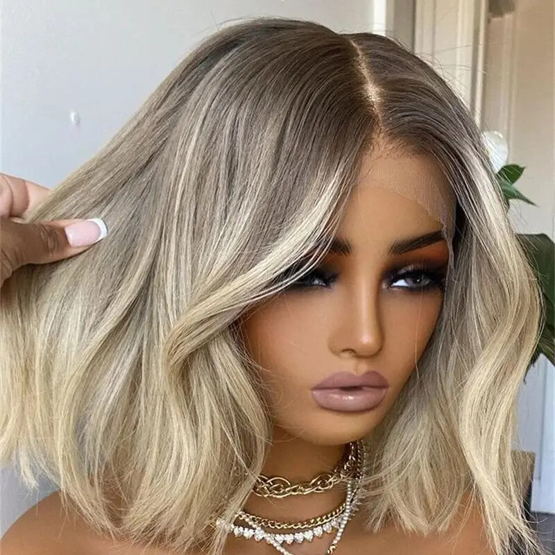 100% Human Hair Ombre Ash Blonde Short Bob Lace Front Wig Brazilain Natural Wigs