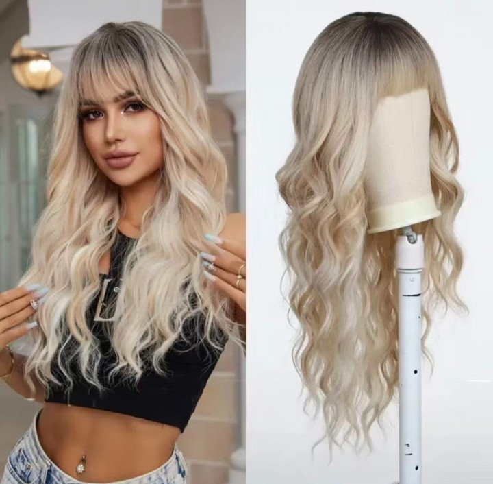 Ombre Blonde Wigs with Bangs,Long Curly Wig for Women,Blonde Long Wavy Wig Synth