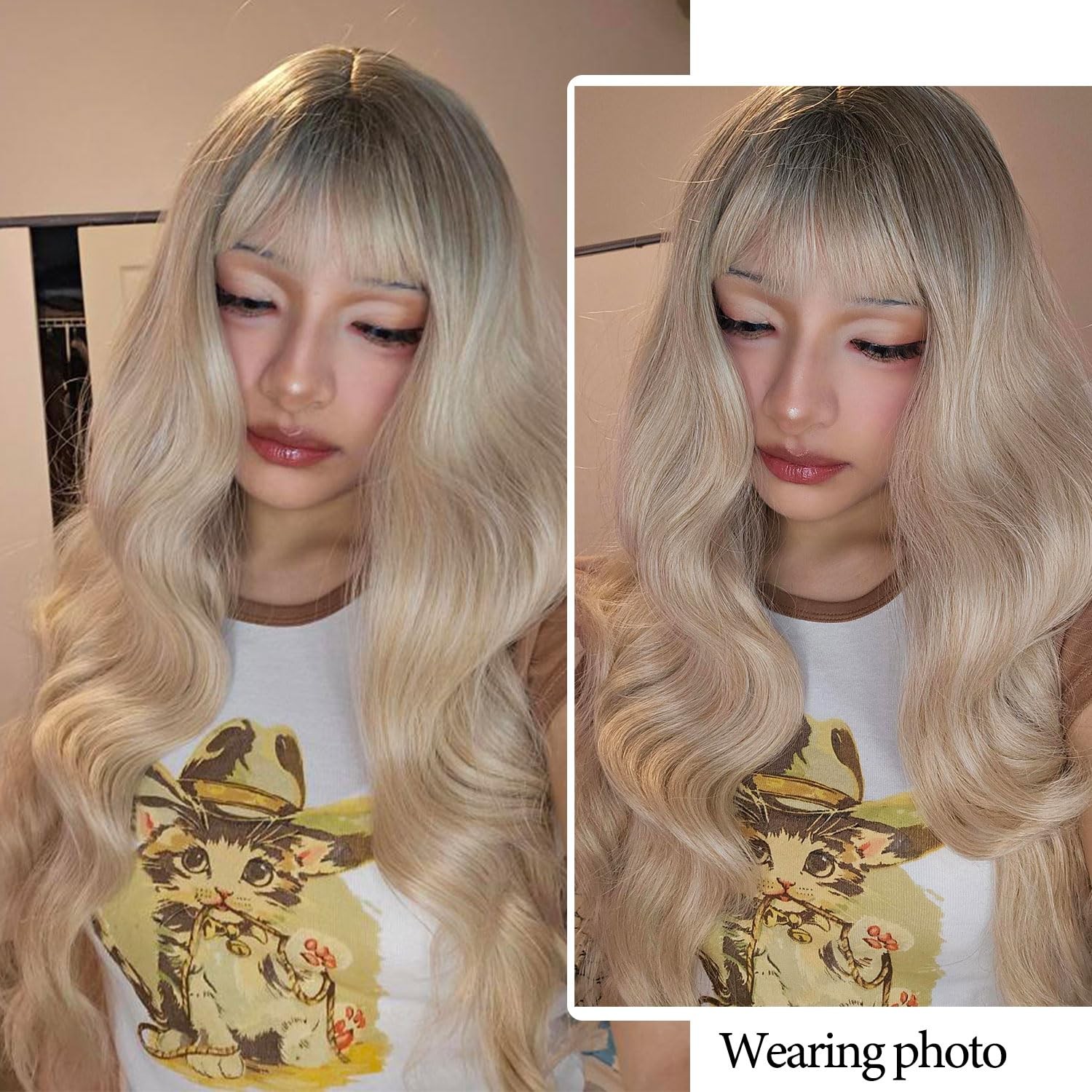 Strawberry Blonde Wig with Bangs T/Ash Blonde Ombre with Dark Roots Heat Resi…