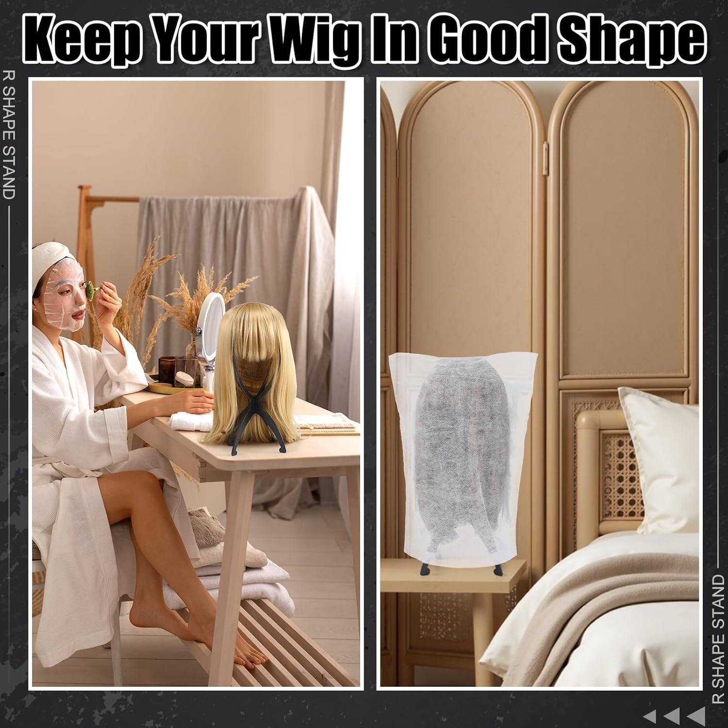2 Pack Wig Stand with 2Pcs Dust Bag, Travel Head Holder Black