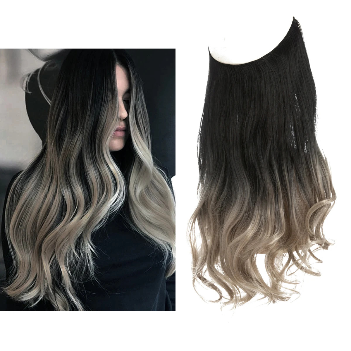Synthetic No Clips Hair Extension Ombre Black Blonde Pink Long Wave