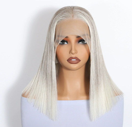 Silvery Medium-Length Straight Wig with Lace Front, Heat-Resistant Fibers Women