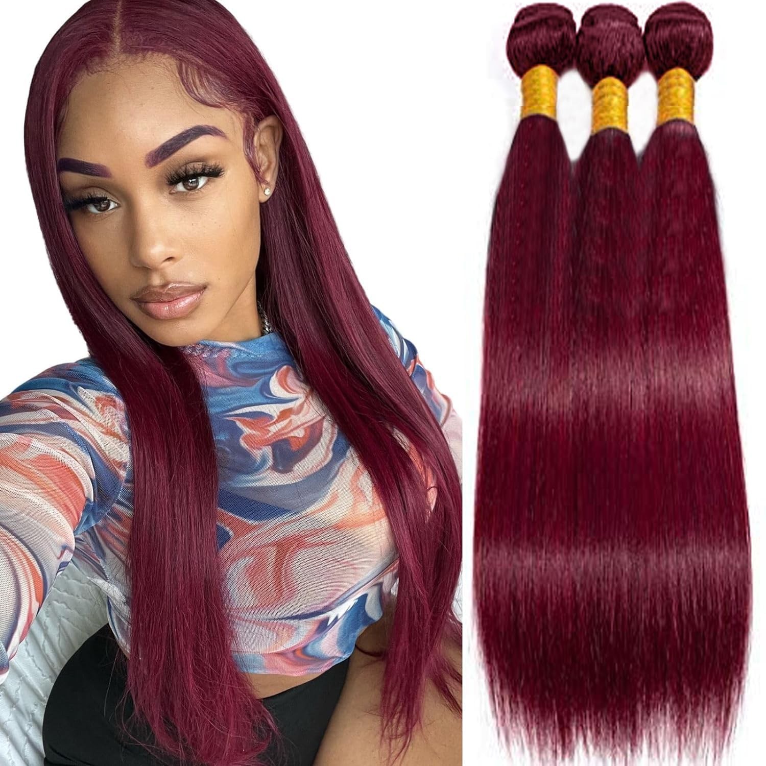 Xddnamei Augfst Virgin Weave Human Hair Bundles 300G 99J-Burgundy-Straight Wave
