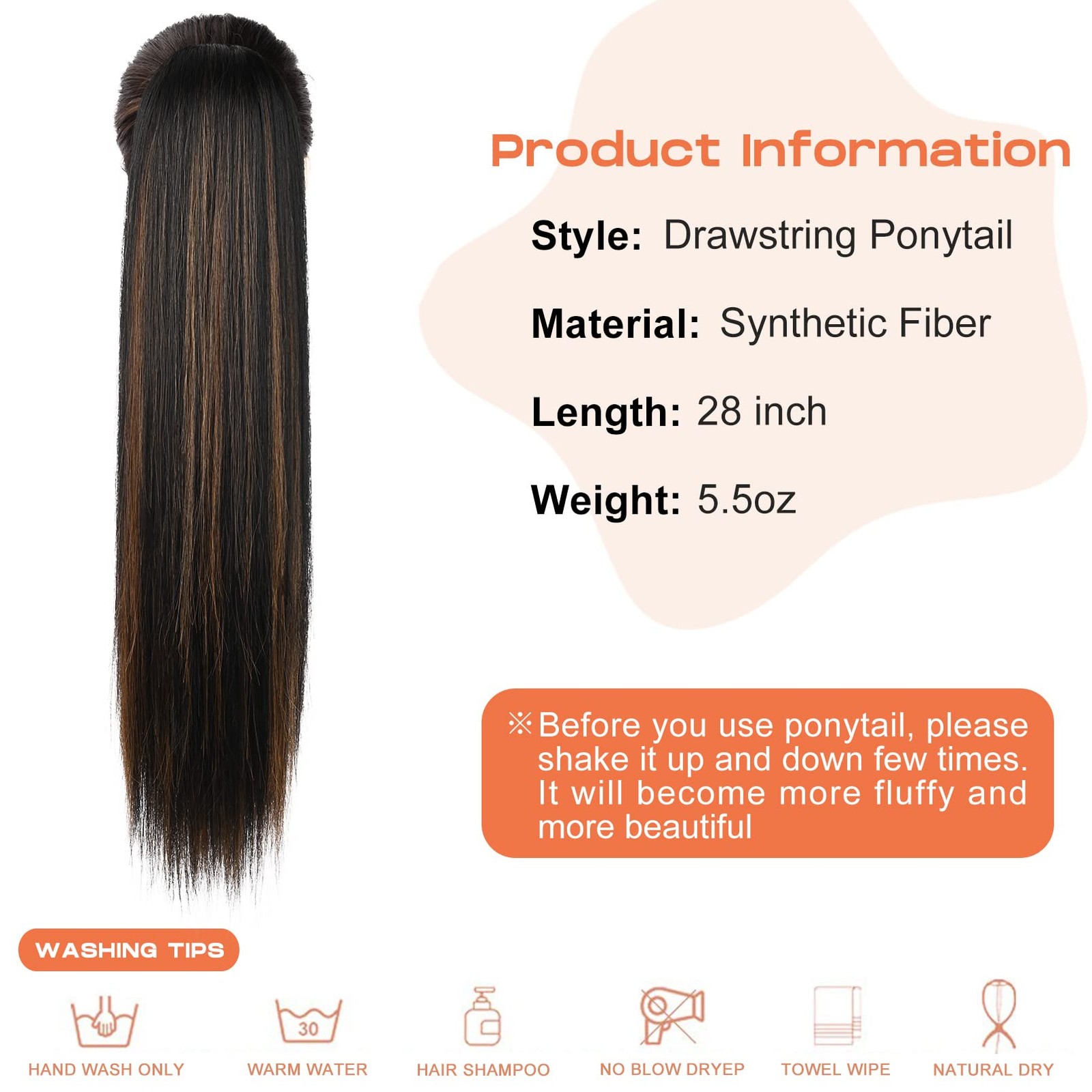 Ponytail Extensions 28 Inch Drawstring Ombre Black Roots Black Caramel Blonde