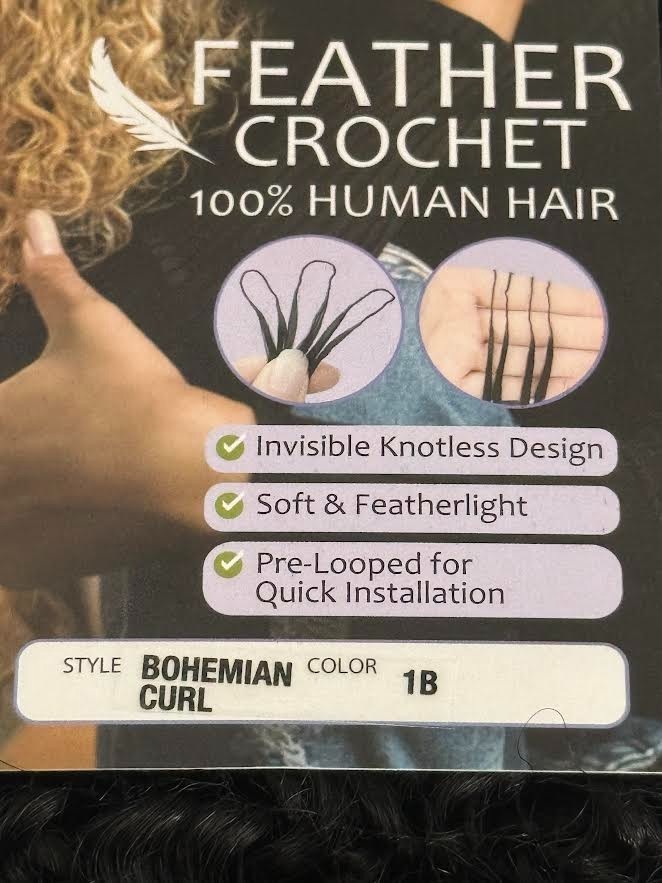 FEATHER CROCHET 100% HUMAN BOHEMIAN CURL HAIR INVISIBLE CROCHET HAIR