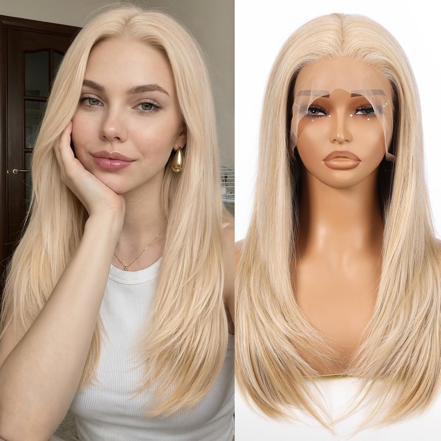 HD Blonde Lace Front Human Hair Blend Straight Wigs