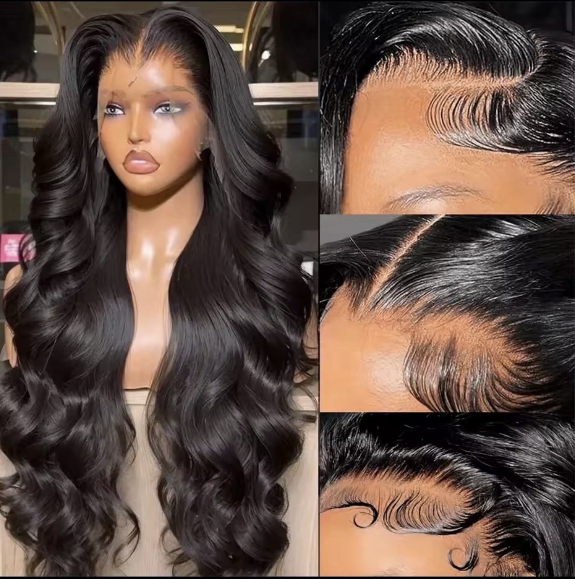 Glueless Lace Front Human Hair Wig Body Wave Long Black Free-Part Pre Plucked