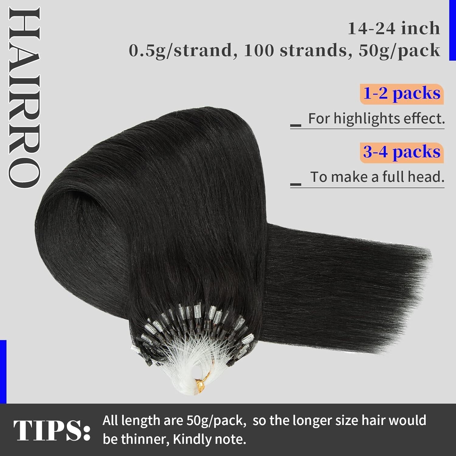 Hairro Microlinks Hair Extensions Human Hair 20 inch 50g 100 Strands #01 Black