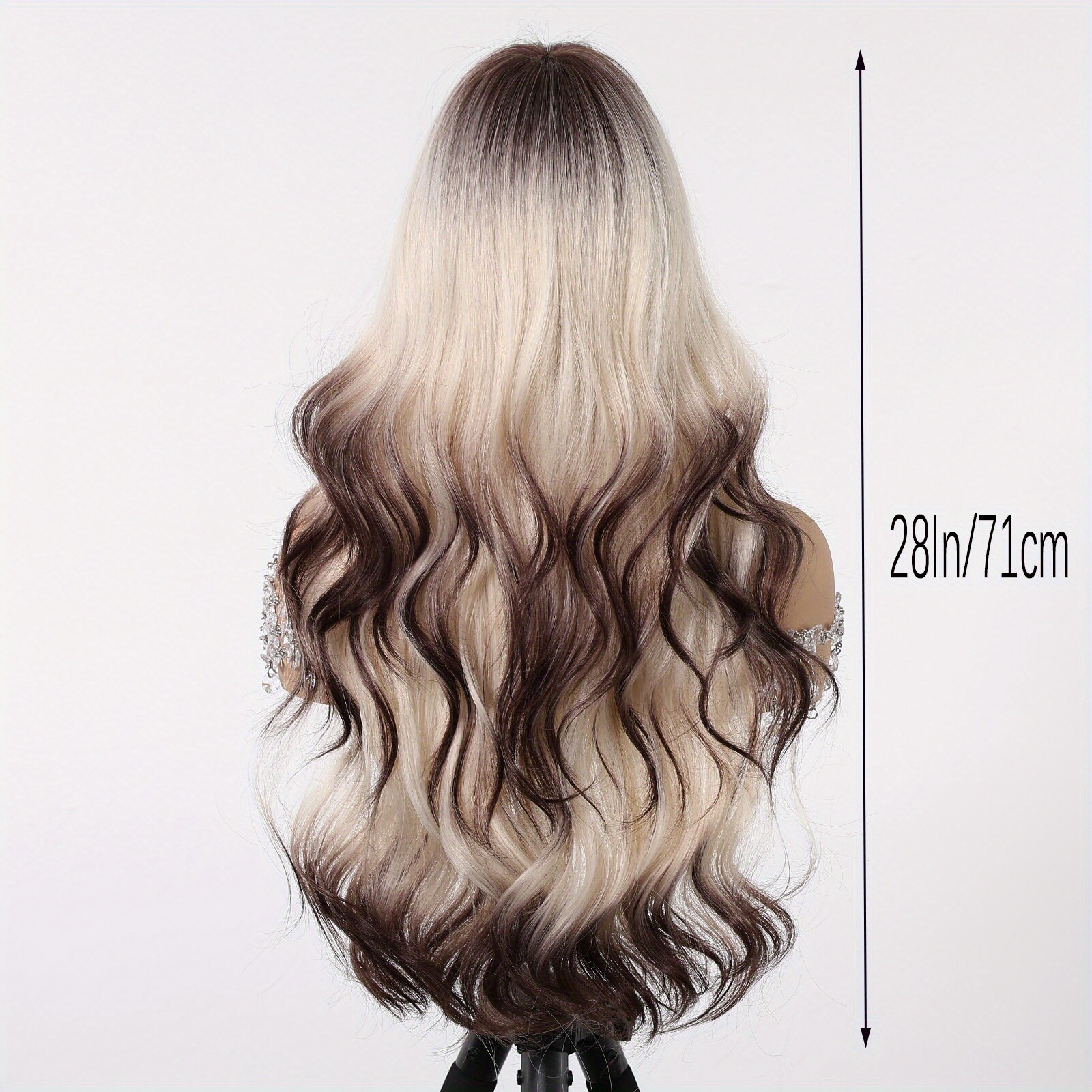 28 Inch Gradient Brown Wig with Bangs Women’s Blonde Mixed Brown Wig
