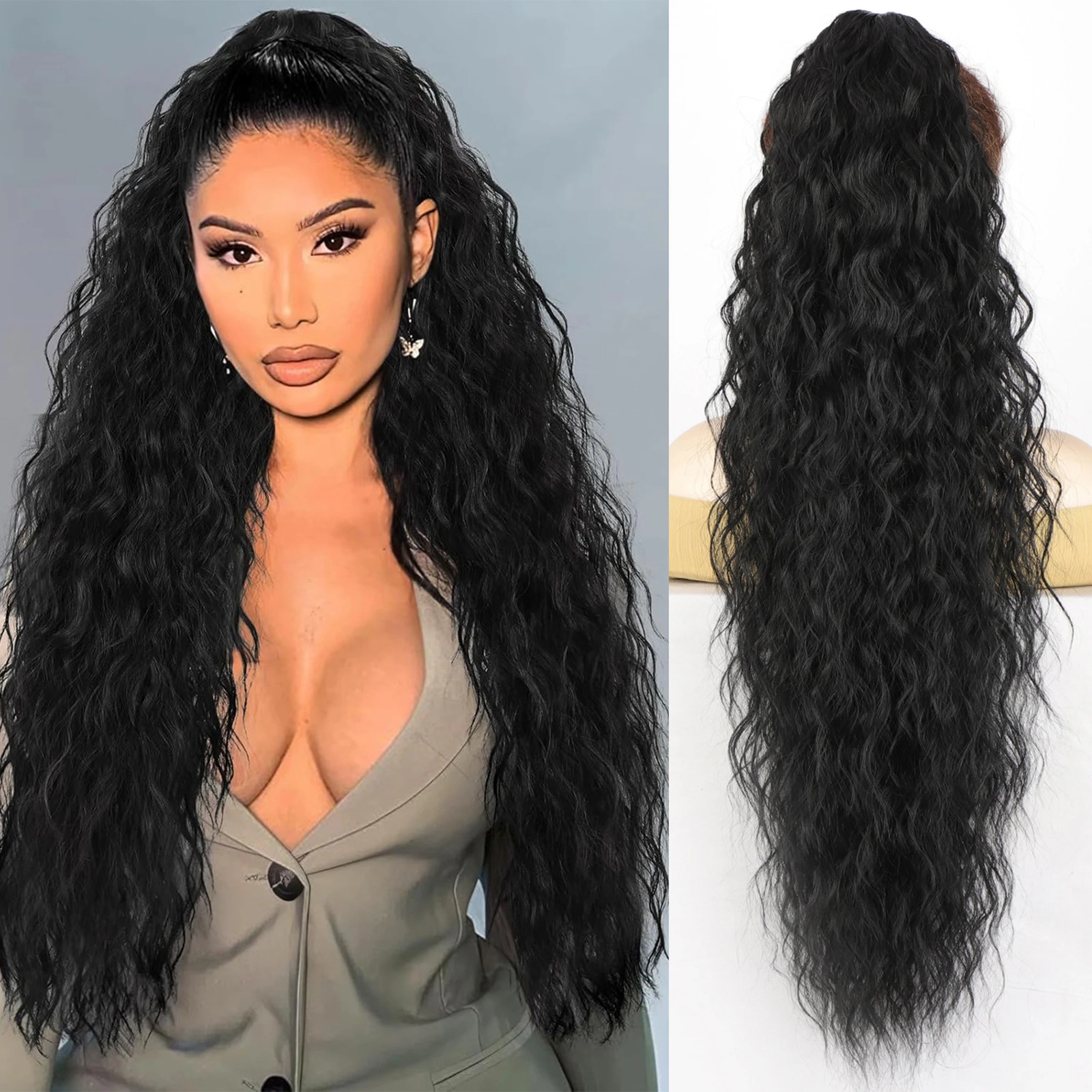 Black Brown Long Wavy Curly Synthetic Claw Clip In Ponytail Fake Hair Extension