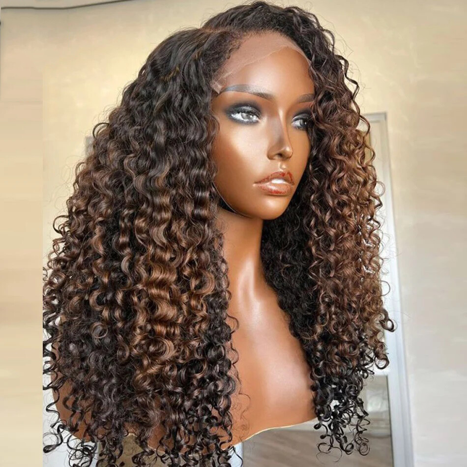 Brown Highlight Human Hair Wig Side Part Curly 13X6 Lace Front Wigs Baby Hair