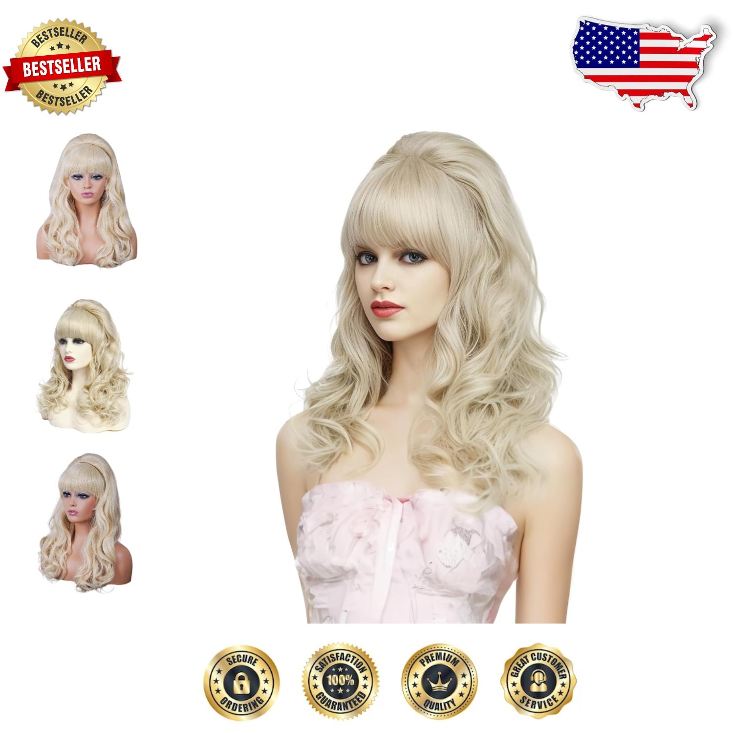 Blonde Long Wavy Wig Retro Beehive Bouffant Women’s 80s Costume Halloween Party