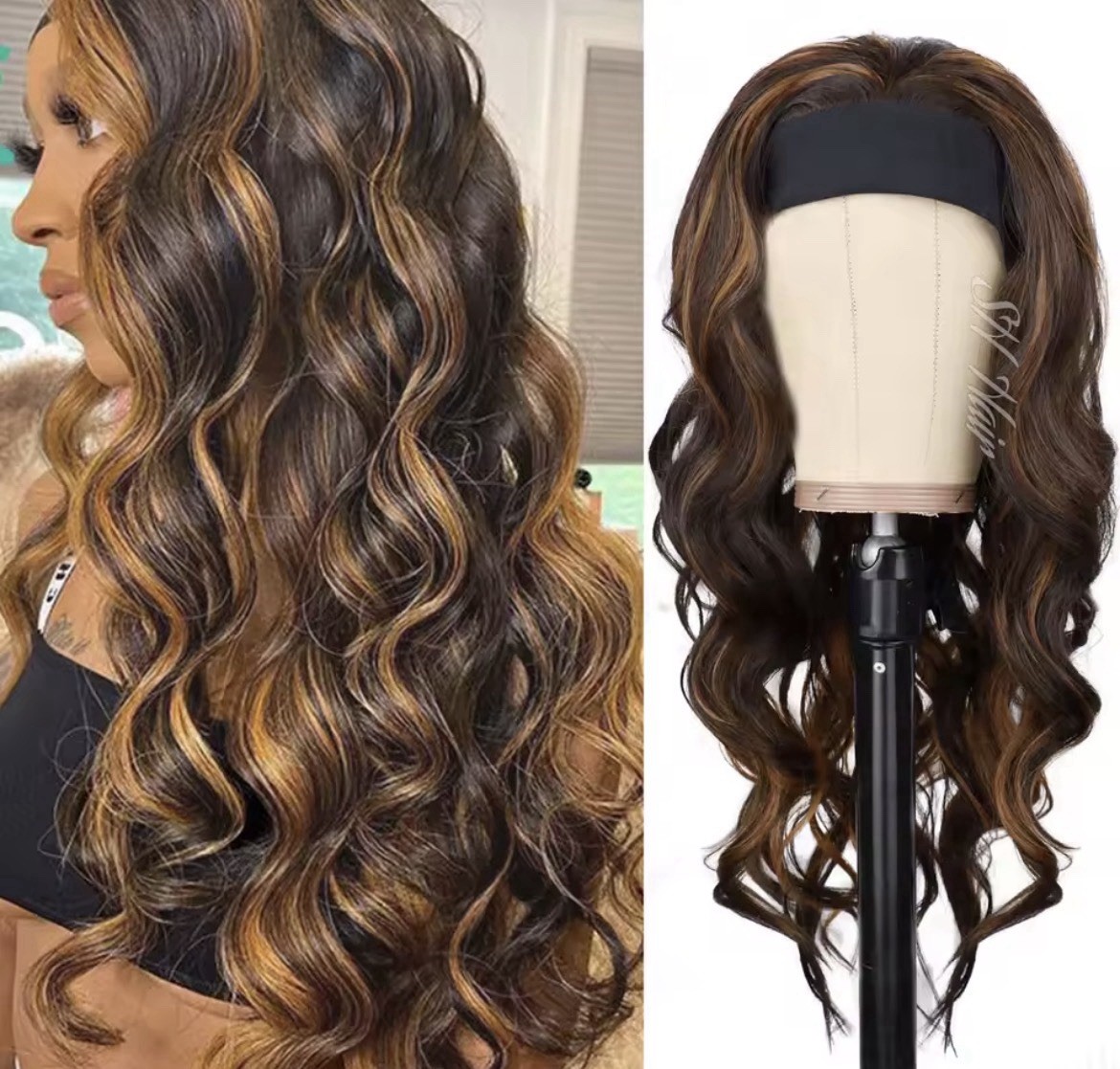 Women’s Wavy Synthetic Headband Wig Dark Brown w/ Light Brown Highlights 21-30″
