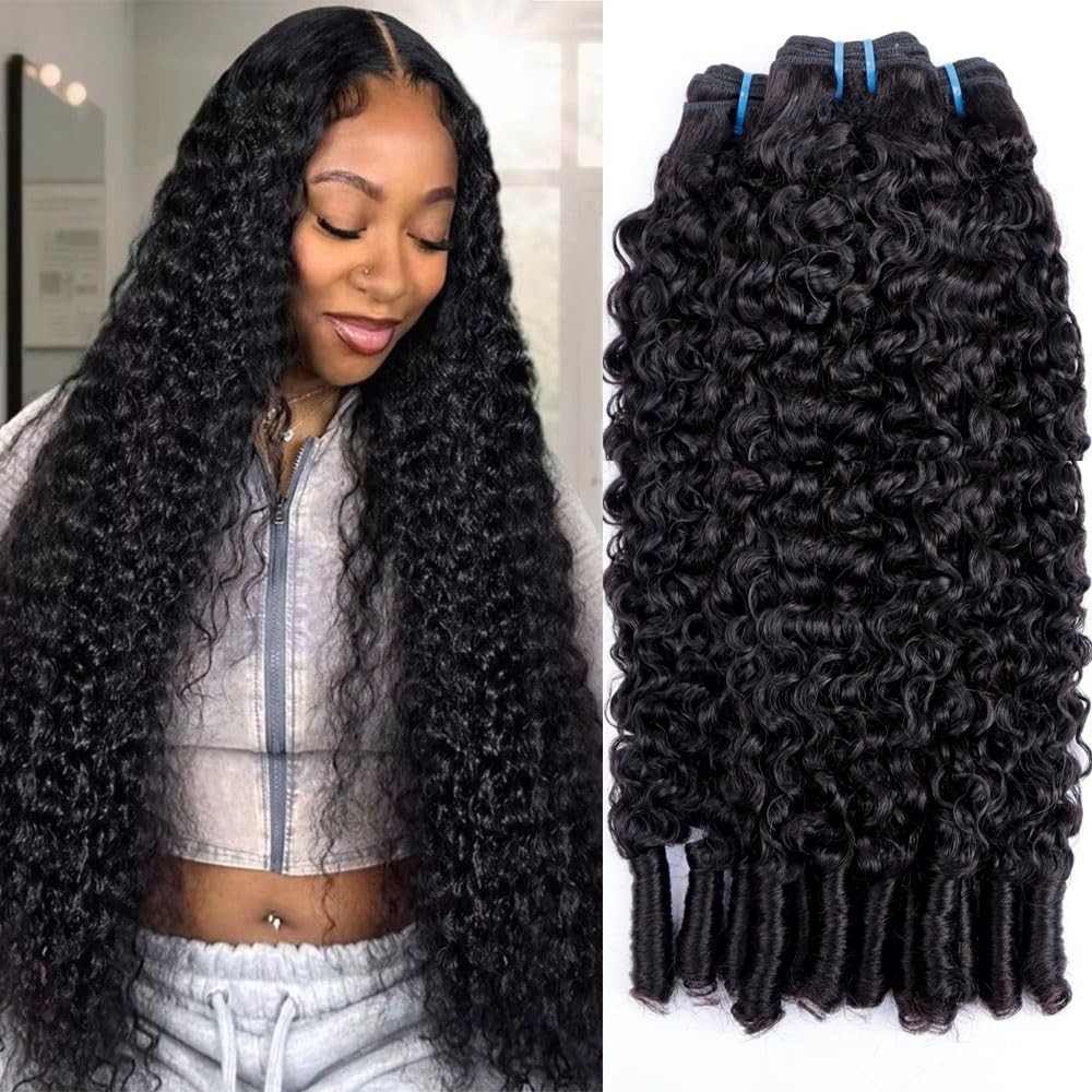 Curly Human Hair Bundles 26-30″ Water Wave 3C4A Burmese Curly Weave, Natural Bla