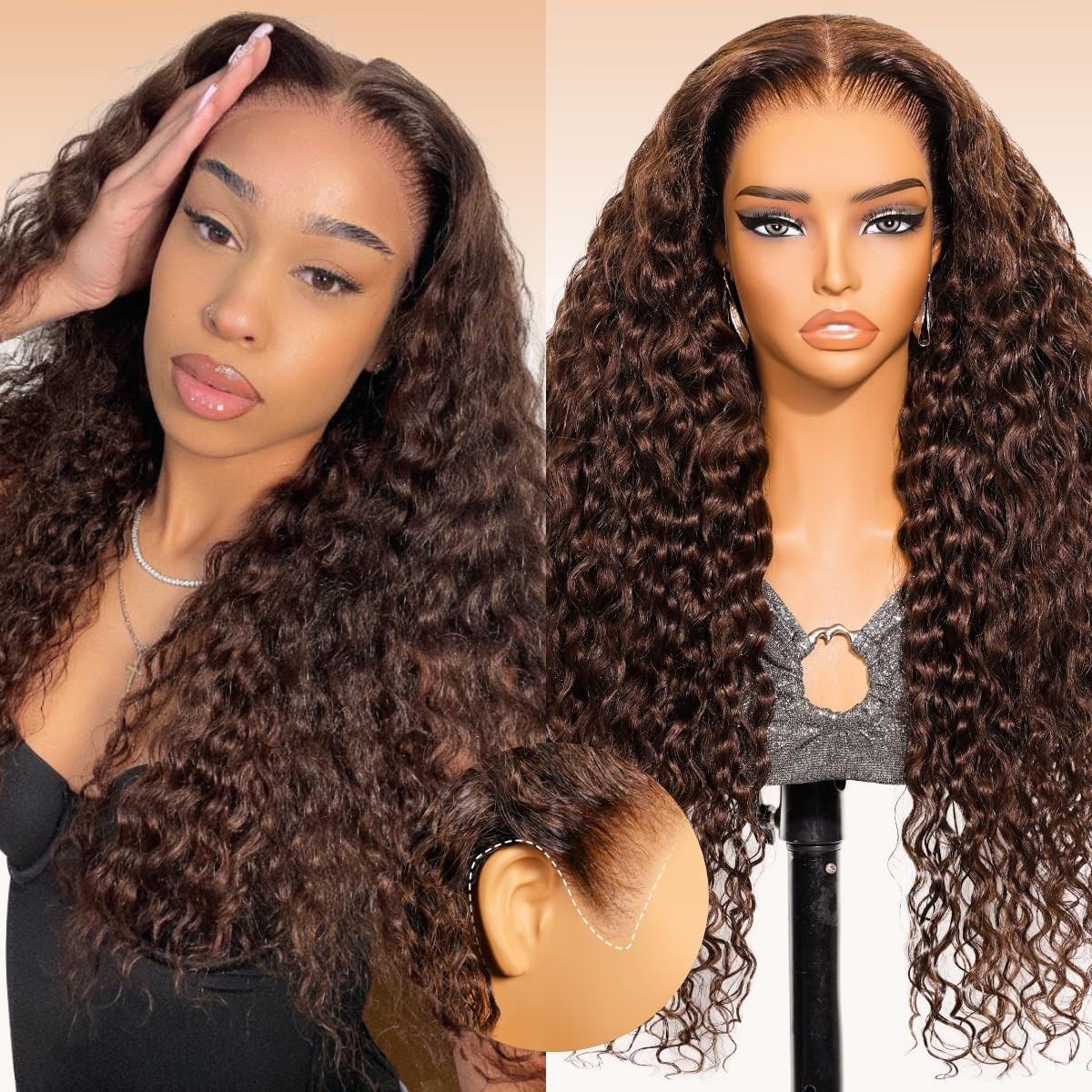 13×6 Chocolate Brown Glueless Water Wave Lace Front Wig 30″ | 210% Density, Pre