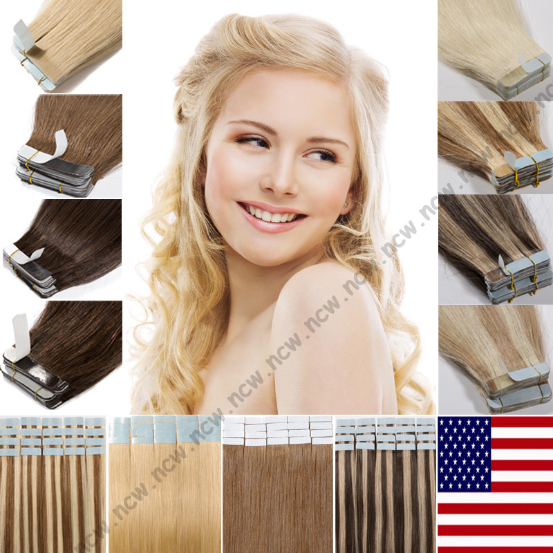 60PCS Tape In Skin Weft 100% Remy Human Hair Extensions Full Head Highlight B829