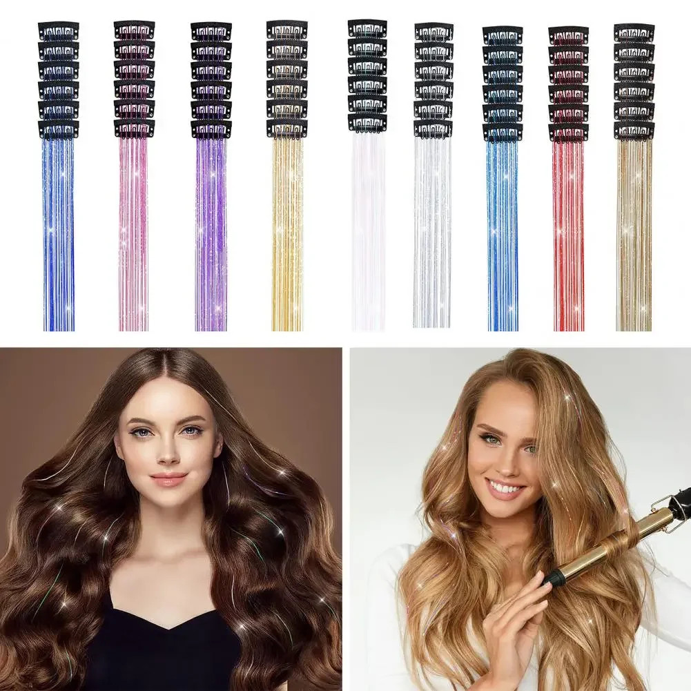 50cm Sparking Shiny Hair Tinsel Extensions Synthetic Clip In Hair Extensions