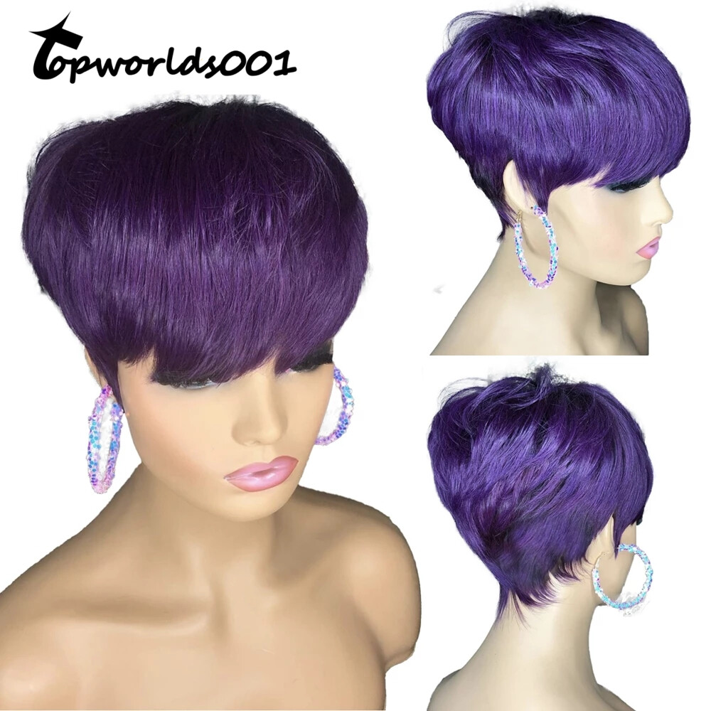 100% Human Hair Wigs Dark Purple Pixie Cut Wigs for Fashion Women Daily Wear
